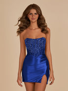 Amine | Royal Blue - Bodycon Strapless Satin Corset Homecoming Dresses With Beads