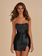 Amine | Black - Bodycon Strapless Satin Corset Homecoming Dresses With Beads - KissProm