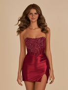 Amine | Burgundy - Bodycon Strapless Satin Corset Homecoming Dresses With Beads