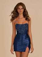 Amine | Navy Blue - Bodycon Strapless Satin Corset Homecoming Dresses With Beads