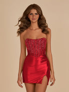 Amine | Red - Bodycon Strapless Satin Corset Homecoming Dresses With Beads - KissProm