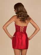 Amine | Red - Bodycon Strapless Satin Corset Homecoming Dresses With Beads - KissProm