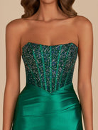 Amine | Dark Green - Bodycon Strapless Satin Corset Homecoming Dresses With Beads