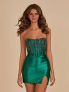 Amine | Dark Green - Bodycon Strapless Satin Corset Homecoming Dresses With Beads