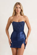 Amine | Navy Blue - Bodycon Strapless Satin Corset Homecoming Dresses With Beads