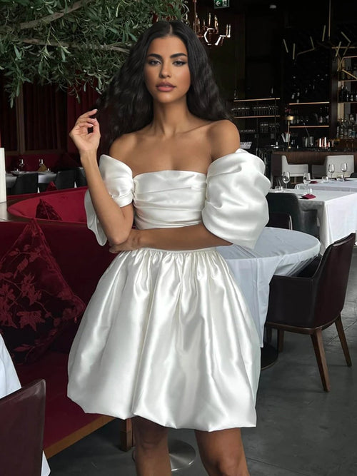 Amira | White - A Line Satin Off the Shoulder Puffed Sleeves Homecoming Dresses - KissProm