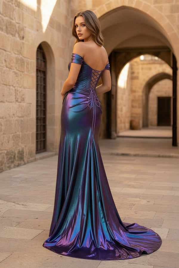 Mermaid Off the Shoulder Purple Metallic Long Prom Dress - KissProm