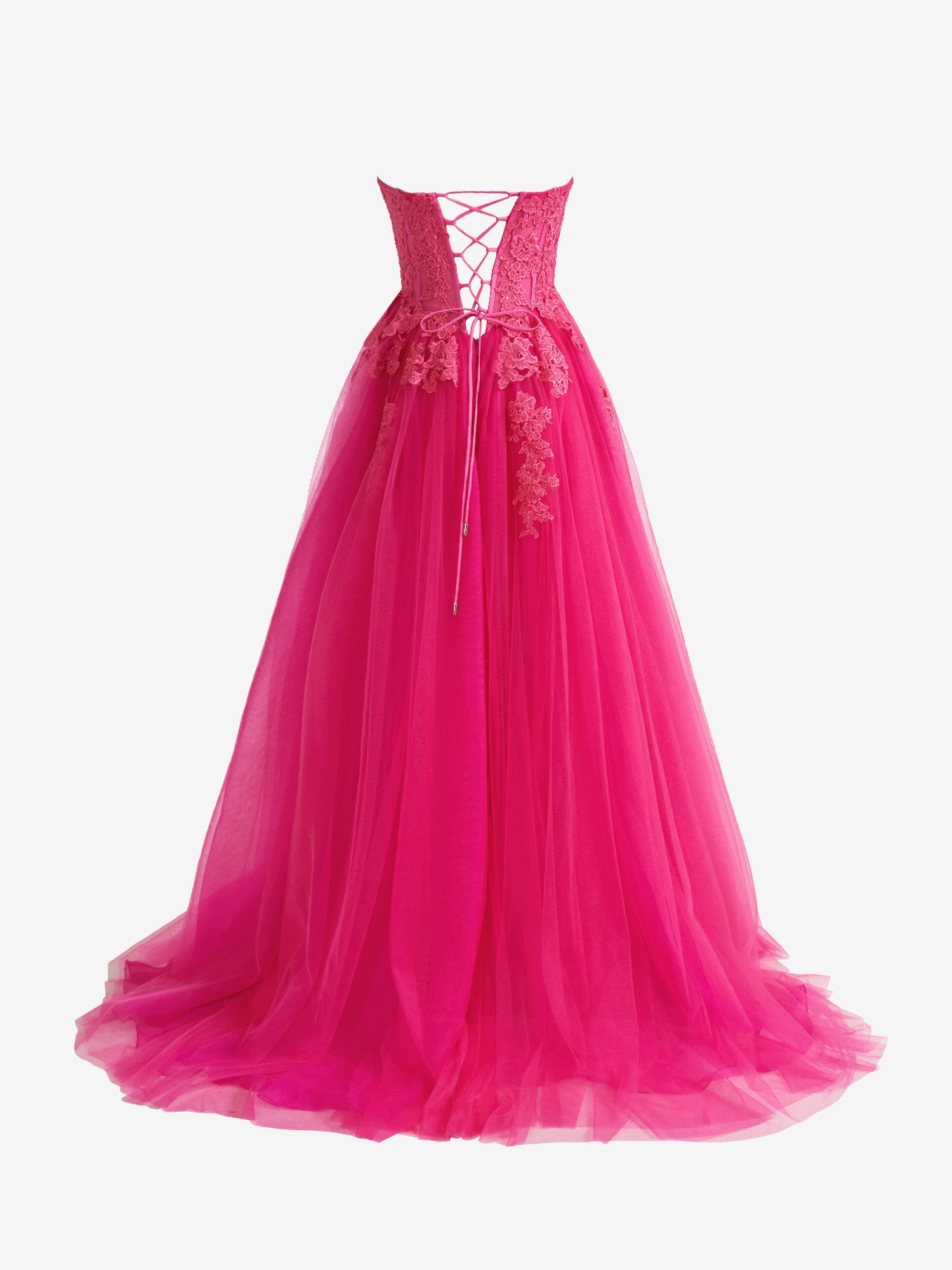Amora | Hot Pink A-Line Tulle Lace Strapless Long Prom Dress