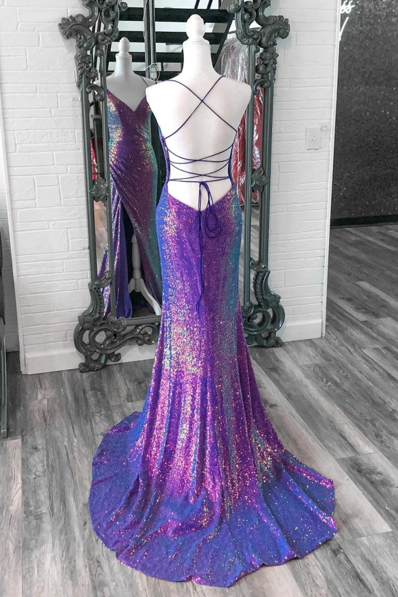 Purple Iridescent Sequins Spaghetti Straps Lace-Up Mermaid Long Prom Dress with Slit Purple / 2 Purple Iridescent Sequins Spaghetti Straps Lace-Up Mermaid Long Prom Dress with Slit Purple / 2
