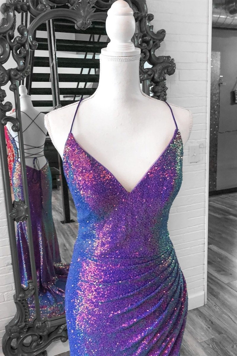 Purple Iridescent Sequins Spaghetti Straps Lace-Up Mermaid Long Prom Dress with Slit Purple / 2