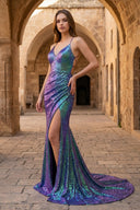 Anara | Purple Iridescent Sequins V Neck Lace - Up Mermaid Long Prom Dress with Slit - KissProm