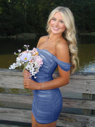 Anette | Ink Blue - Off The Shoulder Tulle Short Homecoming Dresses
