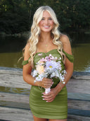Anette | Mustard Green - Off The Shoulder Tulle Short Homecoming Dresses