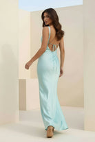 Angela | Aqua - Cowl Neck Sleeveless Sheath Satin Backless Long Prom Dresses - KissProm