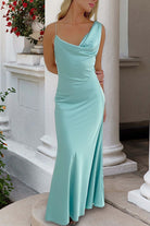 KissProm-Angela Aqua Cowl Neck Sleeveless Sheath Satin Backless Long Prom Dresses