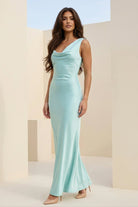 Angela | Aqua - Cowl Neck Sleeveless Sheath Satin Backless Long Prom Dresses - KissProm