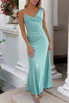 KissProm-Angela Aqua Cowl Neck Sleeveless Sheath Satin Backless Long Prom Dresses