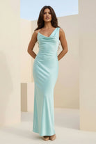 Angela | Aqua - Cowl Neck Sleeveless Sheath Satin Backless Long Prom Dresses - KissProm