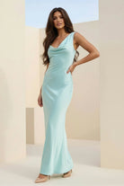 Angela | Aqua - Cowl Neck Sleeveless Sheath Satin Backless Long Prom Dresses - KissProm