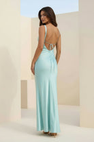 Angela | Aqua - Cowl Neck Sleeveless Sheath Satin Backless Long Prom Dresses - KissProm