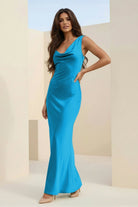 Angela | Red - Cowl Neck Sleeveless Sheath Satin Backless Long Prom Dresses - KissProm