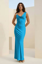 Angela | Red - Cowl Neck Sleeveless Sheath Satin Backless Long Prom Dresses - KissProm