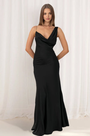 KissProm-Angela Black Cowl Neck Sleeveless Sheath Satin Backless Long Prom Dresses