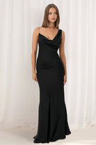 KissProm-Angela Black Cowl Neck Sleeveless Sheath Satin Backless Long Prom Dresses