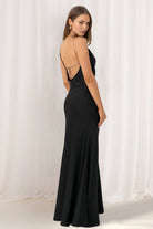 KissProm-Angela Black Cowl Neck Sleeveless Sheath Satin Backless Long Prom Dresses