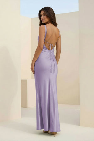 Angela | Red - Cowl Neck Sleeveless Sheath Satin Backless Long Prom Dresses - KissProm