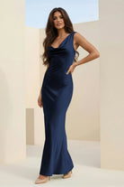 Angela | Red - Cowl Neck Sleeveless Sheath Satin Backless Long Prom Dresses - KissProm