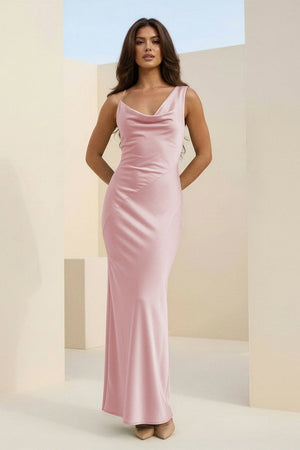 Angela | Red - Cowl Neck Sleeveless Sheath Satin Backless Long Prom Dresses - KissProm