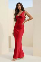 Angela | Red - Cowl Neck Sleeveless Sheath Satin Backless Long Prom Dresses - KissProm