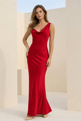Red Cowl Neck Sleeveless Sheath Satin Backless Long Prom Dresses - KissProm