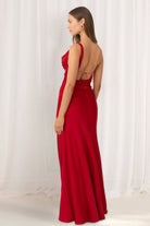 KissProm-Angela Red Cowl Neck Sleeveless Sheath Satin Backless Long Prom Dresses