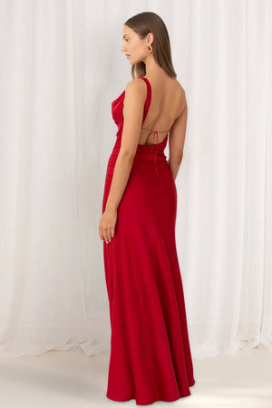 KissProm-Angela Red Cowl Neck Sleeveless Sheath Satin Backless Long Prom Dresses