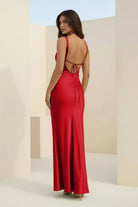 Angela | Red - Cowl Neck Sleeveless Sheath Satin Backless Long Prom Dresses - KissProm