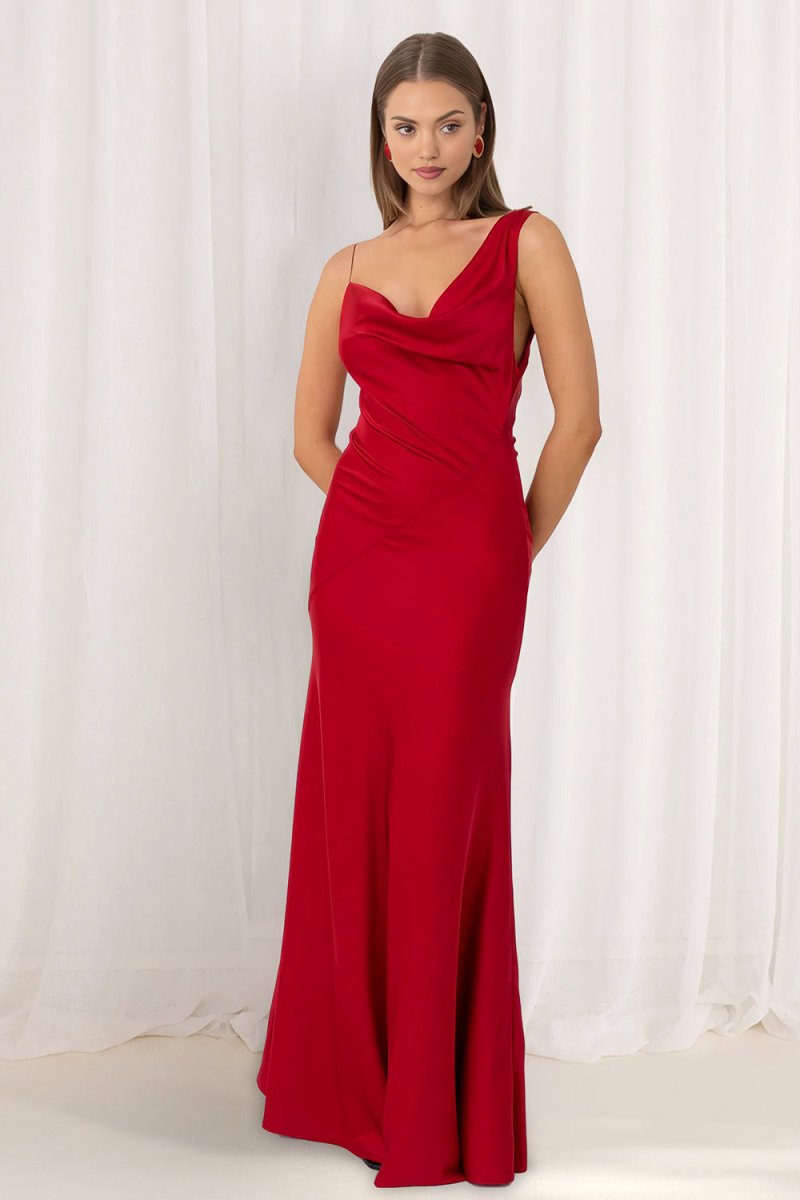 Red Cowl Neck Sleeveless Sheath Satin Backless Long Prom Dresses, Red / 0 Red Cowl Neck Sleeveless Sheath Satin Backless Long Prom Dresses, Red / 0
