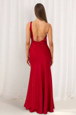 KissProm-Angela Red Cowl Neck Sleeveless Sheath Satin Backless Long Prom Dresses