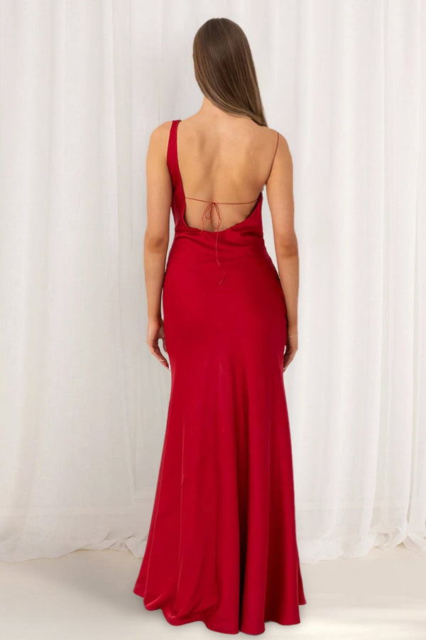 KissProm-Angela Red Cowl Neck Sleeveless Sheath Satin Backless Long Prom Dresses