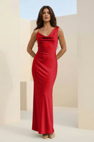 Angela | Red - Cowl Neck Sleeveless Sheath Satin Backless Long Prom Dresses - KissProm