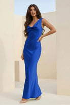 Angela | Red - Cowl Neck Sleeveless Sheath Satin Backless Long Prom Dresses - KissProm