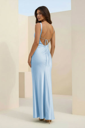 Angela | Red - Cowl Neck Sleeveless Sheath Satin Backless Long Prom Dresses - KissProm