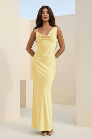 Angela | Red - Cowl Neck Sleeveless Sheath Satin Backless Long Prom Dresses - KissProm