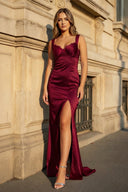 Blue Straps Pleated Mermaid Satin Sleeveless Long Prom Dress with Slit - KissProm