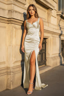Blue Straps Pleated Mermaid Satin Sleeveless Long Prom Dress with Slit - KissProm