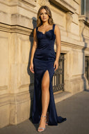 Blue Straps Pleated Mermaid Satin Sleeveless Long Prom Dress with Slit - KissProm