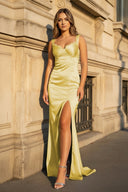 Blue Straps Pleated Mermaid Satin Sleeveless Long Prom Dress with Slit - KissProm