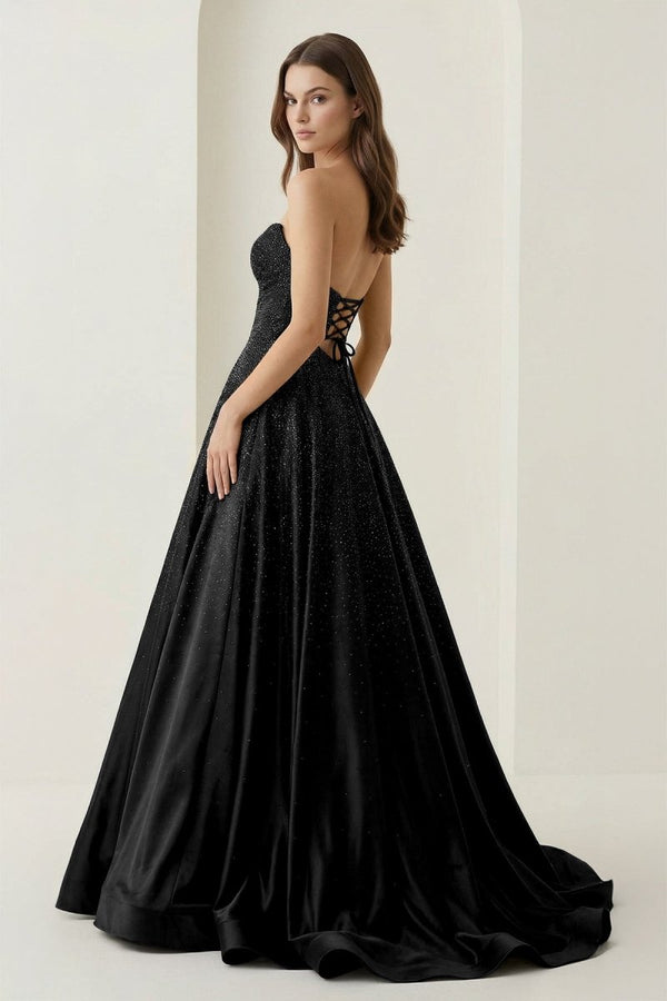 Aniria | Black - Strapless A Line Satin Beaded Long Prom Dresses With Cutout -KissProm