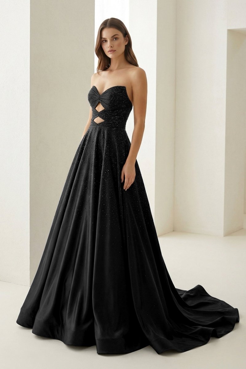 Aniria | Black - Strapless A Line Satin Beaded Long Prom Dresses With Cutout - KissProm